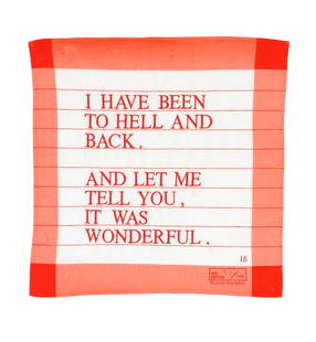 After Louise Bourgeois (French/American, 1911-2010) Untitled (I Have Been To Hell and Back) Embr...: After Louise Bourgeois (French/American, 1911-2010) Untitled (I Have Been To Hell and Back) Embroidered thread in red, 1996, on cotton handkerchief, with printed initials and numbered 900/1000 in blac