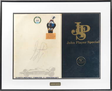An Ayrton Senna signed Olivetti promotional folder, late 1980s,: An Ayrton Senna signed Olivetti promotional folder, late 1980s, signed in black pen to the front, covered with plastic laminate, mounted with printed JPS logo and plastic Lotus badge, clip framed and