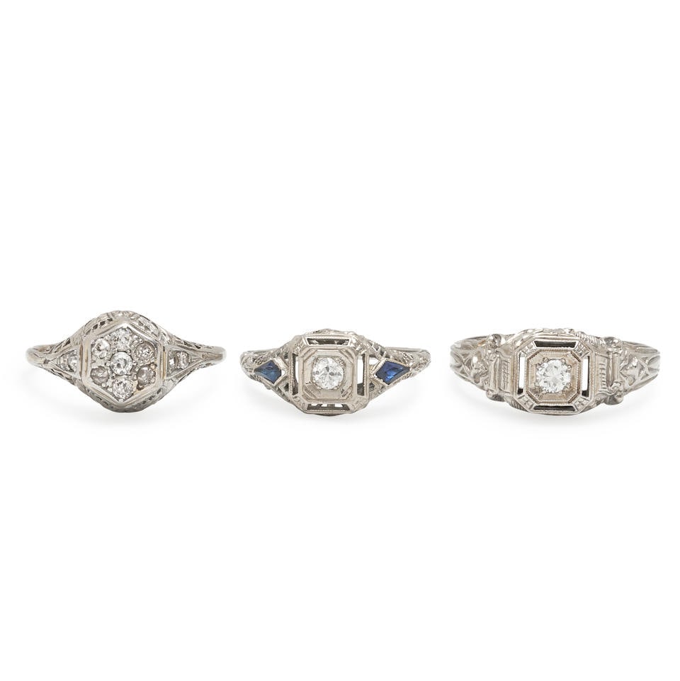 THREE ART DECO 18K WHITE GOLD AND DIAMOND RINGS (1 of 2)