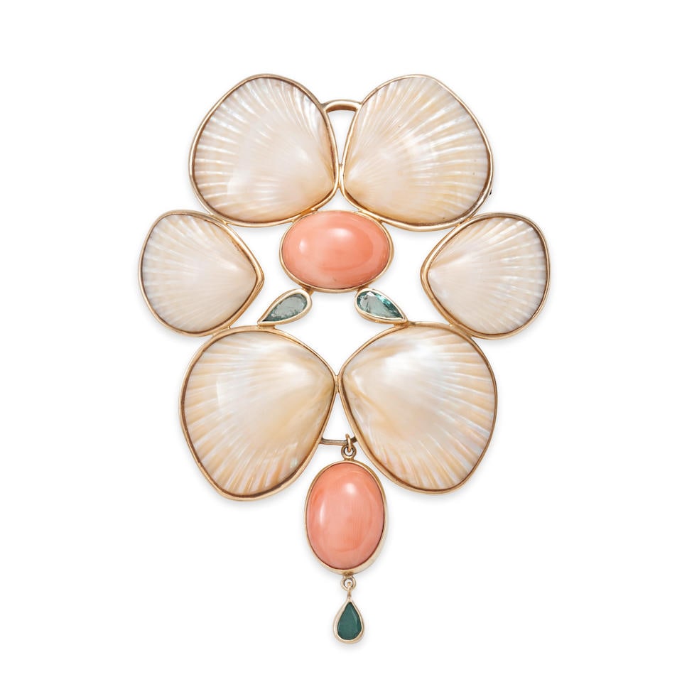 MARGUERITE STIX: A 14K GOLD, SEASHELL, AND CORAL BROOCH: MARGUERITE STIX: A 14K GOLD, SEASHELL, AND CORAL BROOCH Composed of six bezel-set seashells, centering a coral cabochon and suspending a removable coral cabochon drop, gem-set accents, weight 26.9 dwt