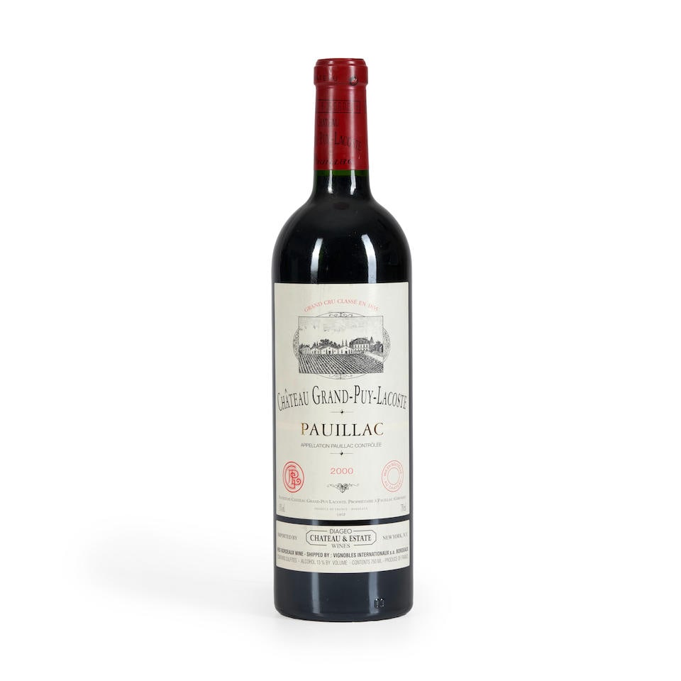 Chateau Grand Puy Lacoste 2000 (1 bottle): Chateau Grand Puy Lacoste 2000 Pauillac 1 bottle Footnotes: Bordeaux, France This lot is subject to the following lot symbols: • • Zero rated for tax, no tax will be added to the Hammer Pr