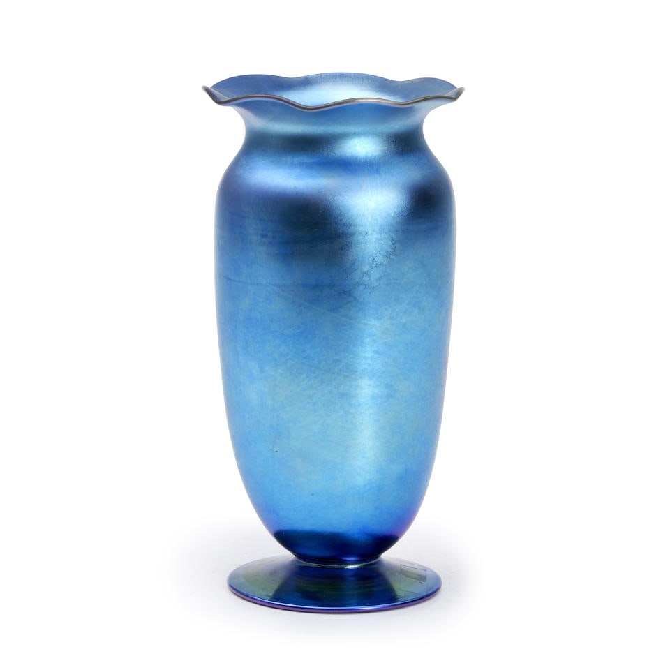 Steuben Blue Aurene Art Glass Vase, Corning, New York, early 20th century, incised mark 'Steuben... (1 of 2)