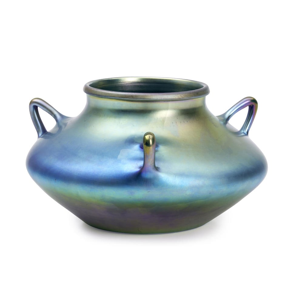 Steuben Blue Aurene Glass Vase, Corning, New York, early 20th century, incised mark 'Aurene 2766... (1 of 2)