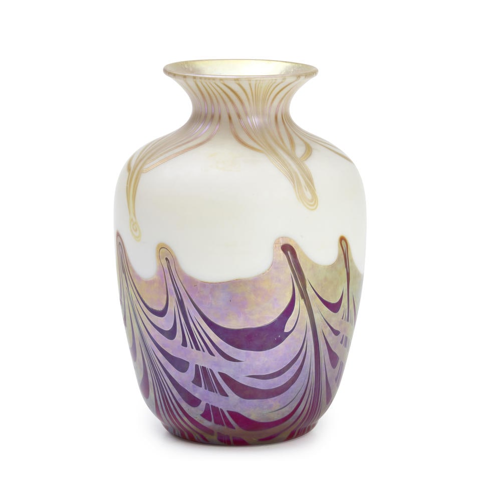 Steuben Calcite and Red Glass Vase with Gold Aurene Pulled Feather Decoration, Corning, New York... (1 of 2)