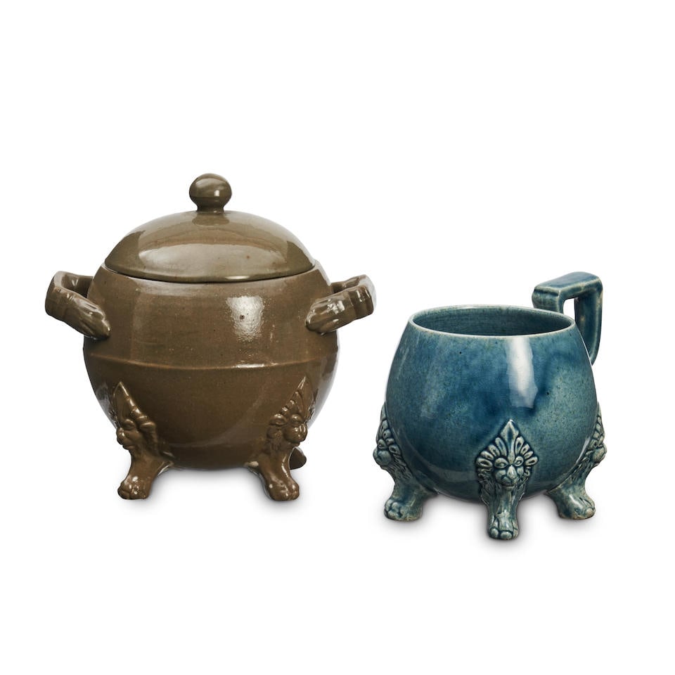 Chelsea Keramic Art Works Covered Sugar and Cup, Chelsea, Massachusetts, c. 1880, both with impr...: Chelsea Keramic Art Works Covered Sugar and Cup, Chelsea, Massachusetts, c. 1880, both with impressed stamp mark 'CKAW,' both with molded lion's head and paw molded feet, sugar ht. 4 1/2, cup ht. 3 in