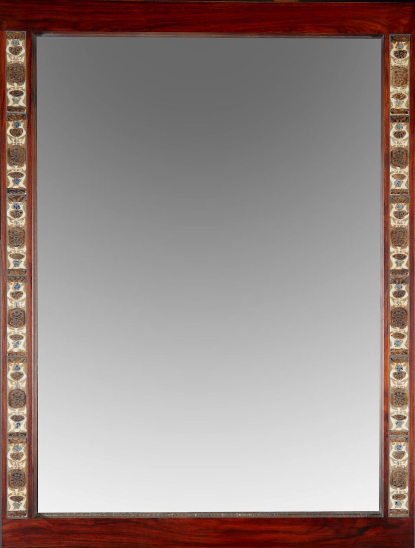Severin Hansen Jr. (1887-1964) for Royal Copenhagen and Haslev Rosewood and Ceramic Tile Wall Mi...: Severin Hansen Jr. (1887-1964) for Royal Copenhagen and Haslev Rosewood and Ceramic Tile Wall Mirror, Denmark, c. 1960, paper Danish control label, ht. 41, wd. 31 in. This lot is subject to the follow