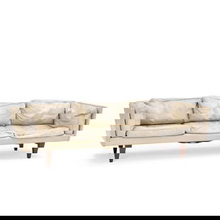 Illum Wikkelso (1919-1999) for Holger Christiansen Model V11 Leather Sofa and Loveseat, c. 1965,...: Illum Wikkelso (1919-1999) for Holger Christiansen Model V11 Leather Sofa and Loveseat, c. 1965, unmarked, sofa, ht. 29, seat ht. 16, wd. 92, dp. 30, loveseat, ht. 25, seat ht. 16, wd. 64, dp. 30 in.