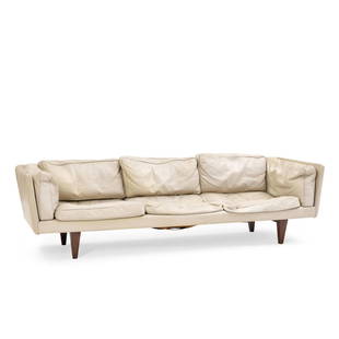 Illum Wikkelso (1919-1999) for Holger Christiansen Model V11 Leather Sofa and Loveseat, c. 1965,...: Illum Wikkelso (1919-1999) for Holger Christiansen Model V11 Leather Sofa and Loveseat, c. 1965, unmarked, sofa, ht. 29, seat ht. 16, wd. 92, dp. 30, loveseat, ht. 25, seat ht. 16, wd. 64, dp. 30 in.