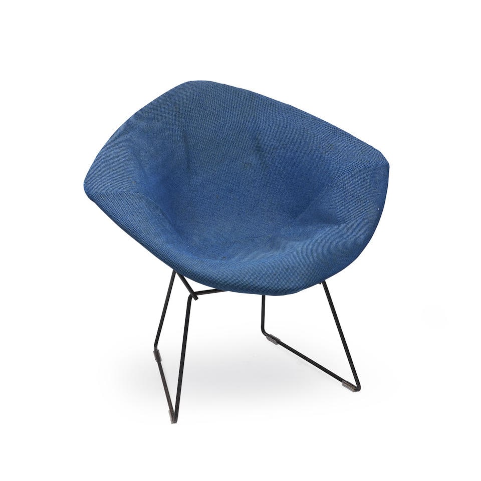 Harry Bertoia (1915-1978) for H.G. Knoll Products 'Diamond' Armchair, East Greenville, Pennsylva...: Harry Bertoia (1915-1978) for H.G. Knoll Products 'Diamond' Armchair, East Greenville, Pennsylvania, 1950, metal wire and upholstery, fabric content label for H.G. Knoll, ht. 30 1/2, seat ht. 17 1/2,