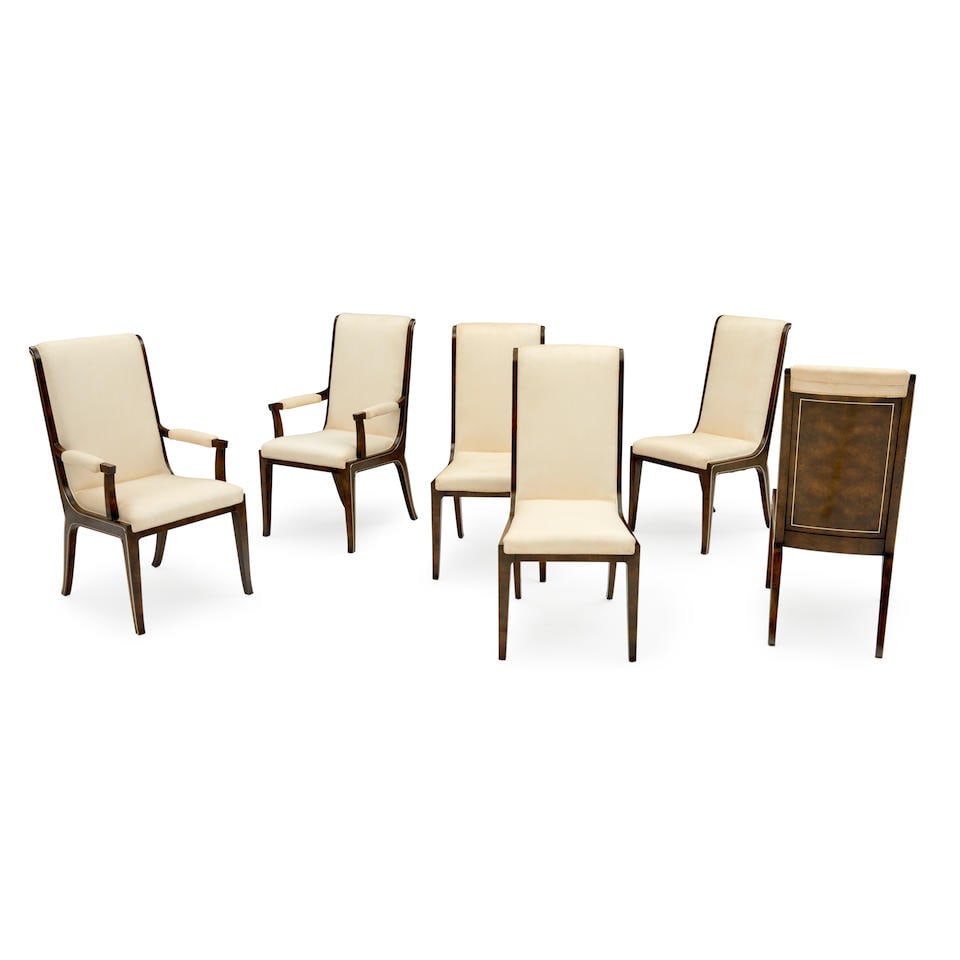 Six William Doezema for Mastercraft Amboyna-veneered Dining Chairs, USA, c. 1970, wood, brass in... (1 of 1)