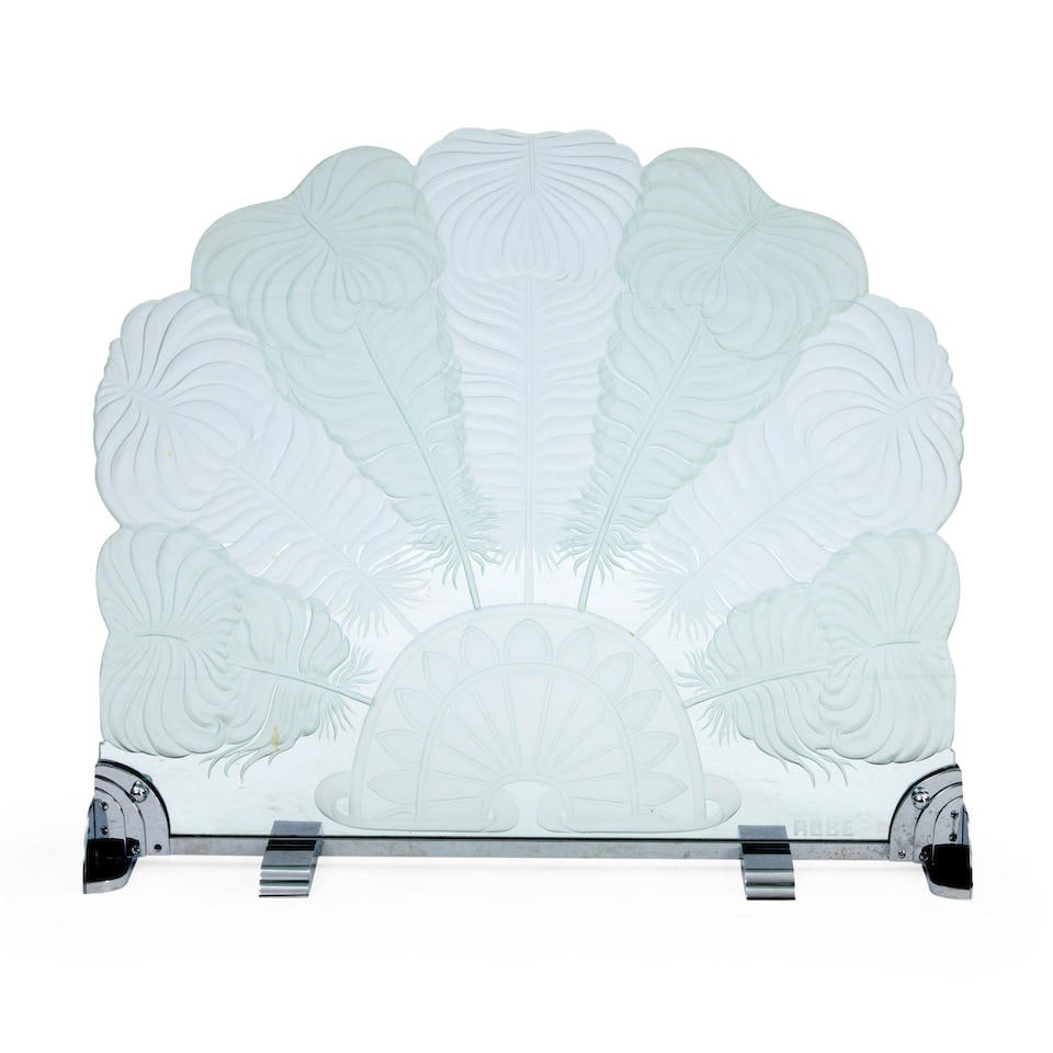 Dennis Abbe (1941-1995) Art Deco-style Fire Screen, United States, c. 1980, chromed metal and gl...: Dennis Abbe (1941-1995) Art Deco-style Fire Screen, United States, c. 1980, chromed metal and glass, signed in the glass 'Abbe,' ht. 30 1/2, wd. 35 3/4, dp. 8 in. For further information on this lot p