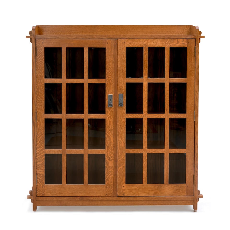Stickley Bookcase, Fayetteville, North Carolina, dated 1992, oak, pair of glazed doors open to t... (1 of 1)