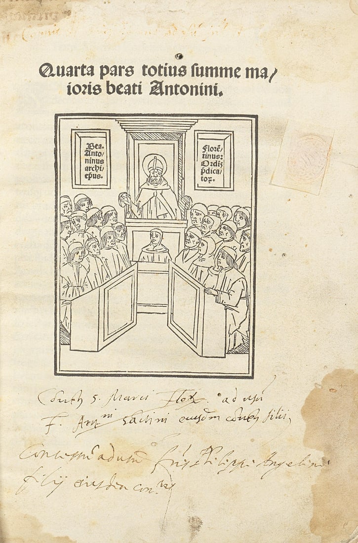 ANTONINUS FLORENTINUS Prima [-quarta] pars totius summe maioris beati Antonini, 2 vol. of 5, Ven...: ANTONINUS FLORENTINUS Prima pars [and quarta] totius summe maioris beati Antonini, parts 1 and 4 only (of 4) bound in 2 vol., woodcut titles, wood initials throughout, first volume with extensive los