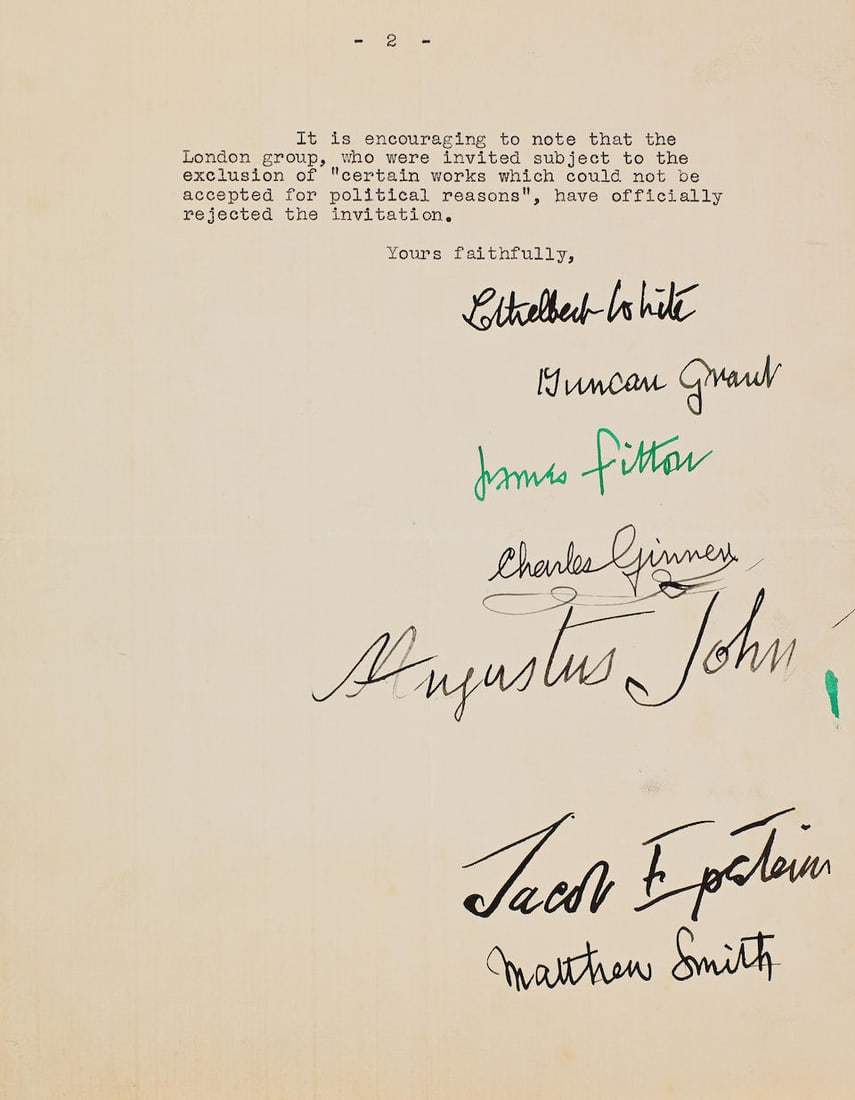 ARTISTS AGAINST NAZI PROPAGANDA Joint typed letter signed by Duncan Grant, Jacob Epstein, August...: ARTISTS AGAINST NAZI PROPAGANDA Joint typed letter signed by Duncan Grant, Jacob Epstein, Augustus John, Matthew Smith, Charles Ginner, James Fitton and Ethelbert White, addressed to the editor [Geral