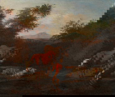 Studio of Adriaen van de Velde (Amsterdam 1636-1672) A wooded river landscape with a shepherdess...: Studio of Adriaen van de Velde (Amsterdam 1636-1672) A wooded river landscape with a shepherdess watering her herd bears signature and date 'A.V.VELDE.f/ 1663' (lower left) oil on canvas 35.4 x 42.3cm