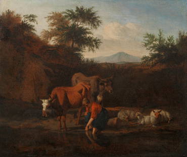 Studio of Adriaen van de Velde (Amsterdam 1636-1672) A wooded river landscape with a shepherdess...: Studio of Adriaen van de Velde (Amsterdam 1636-1672) A wooded river landscape with a shepherdess watering her herd bears signature and date 'A.V.VELDE.f/ 1663' (lower left) oil on canvas 35.4 x 42.3cm