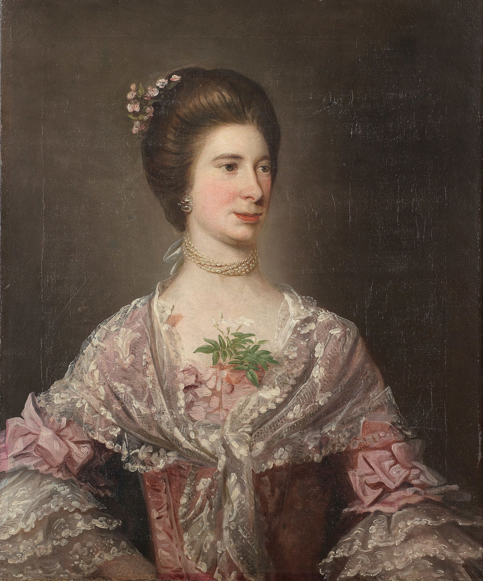 David Martin (Anstruther 1737-1797 Edinburgh) Portrait of Katherine Smythe of Methven Castle, ha...: David Martin (Anstruther 1737-1797 Edinburgh) Portrait of Katherine Smythe of Methven Castle, half-length, wearing a pink and white lace dress oil on canvas 75.2 x 62.8cm (29 5/8 x 24 3/4in).