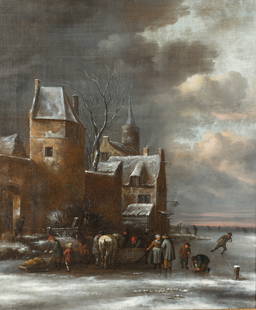 Klaes Molenaer (Haarlem circa 1630-1676) A winter landscape with figures on a frozen waterway: Klaes Molenaer (Haarlem circa 1630-1676) A winter landscape with figures on a frozen waterway signed '.k.molenaer.' (lower left) oil on canvas 68.8 x 54.5cm (27 1/16 x 21 7/16in). Footnotes: