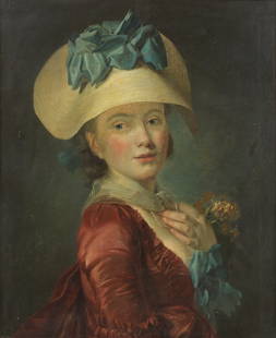 Attributed to Henri-Pierre Danloux (Paris 1753-1809) Portrait of a young lady, half-length, in a...: Attributed to Henri-Pierre Danloux (Paris 1753-1809) Portrait of a young lady, half-length, in a crimson dress with a straw bonnet, holding a posy of narcissi oil on canvas 59.7 x 48.2cm (23 1/2 x 19i