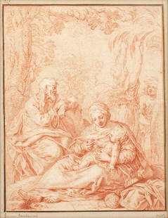 After Simone Cantarini, called il Pesarese, 17th Century The Rest on the Flight into Egypt: After Simone Cantarini, called il Pesarese, 17th Century The Rest on the Flight into Egypt bears extensive inscription (on verso) red chalk on paper heightened with white 22.2 x 17.3cm (8 3/4 x 6 13/1