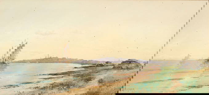 Alfred Thompson Bricher (American, 1837-1908) Afternoon, Salem, Massachusetts 9 1/4 x 20 1/2 in....: Alfred Thompson Bricher (American, 1837-1908) Afternoon, Salem, Massachusetts signed 'ATBRICHER' (lower left), titled on labels from Vose Galleries of Boston and the Paul Magriel Collection (affixed t