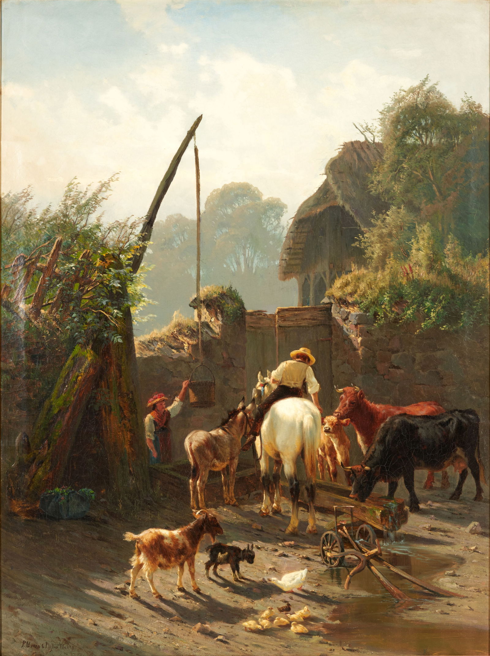 Peter Moran (American, 1841-1914) Farmyard 48 x 36 in. framed 56 1/4 x 44 /14 x 2 3/4 in.: Peter Moran (American, 1841-1914) Farmyard signed 'P. Moran and Phillip Weber' (lower left) oil on canvas 48 x 36 in. framed 56 1/4 x 44 /14 x 2 3/4 in.