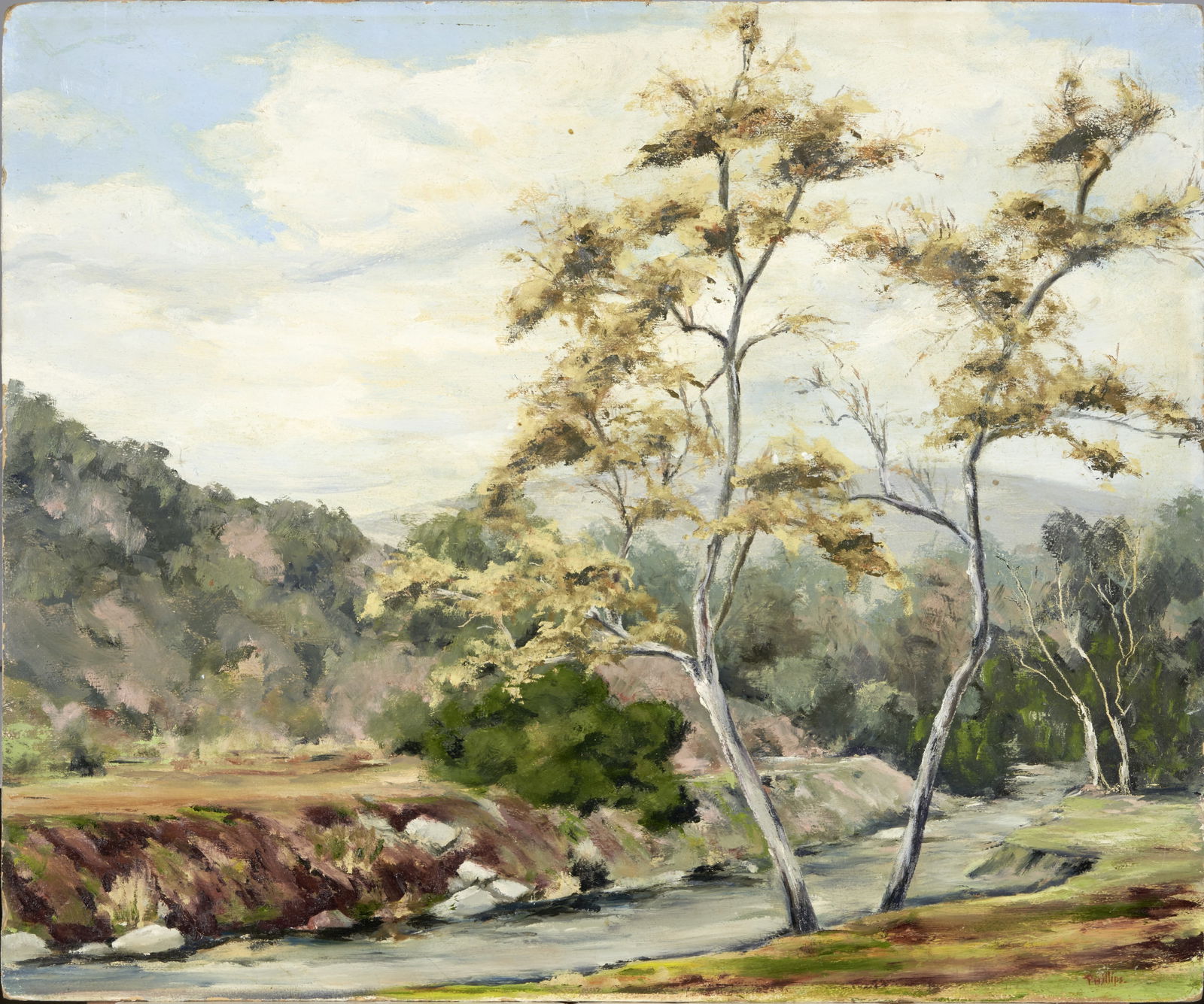 Bert Geer Phillips (American, 1868-1956) Mountain Stream 20 x 24 in. unframed: Bert Geer Phillips (American, 1868-1956) Mountain Stream signed 'Phillips.' (lower right) oil on board 20 x 24 in. unframed