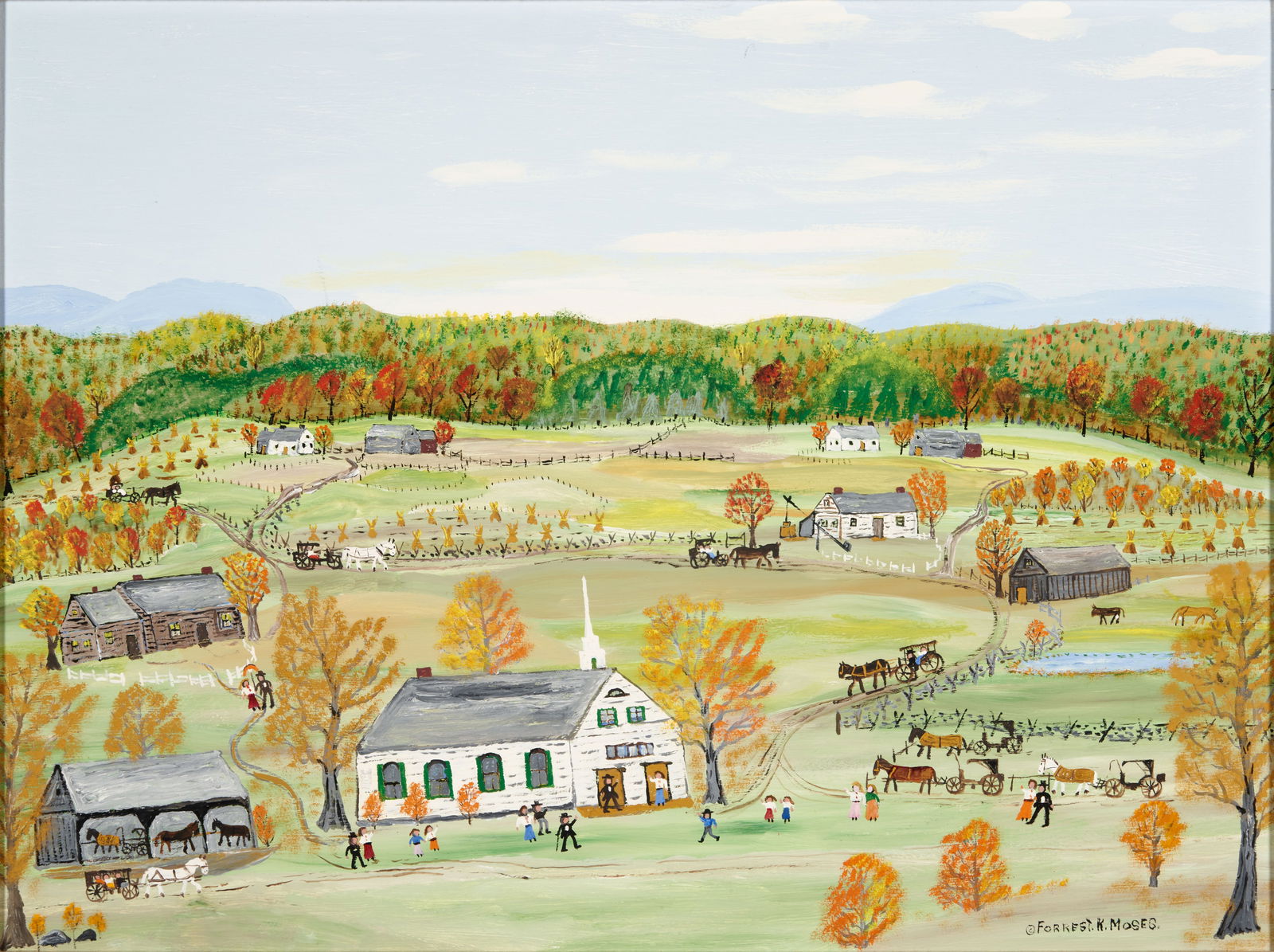 Forrest K. Moses (American, 1893-1974) Fall Colors 18 x 24 in. framed 23 1/2 x 32 1/2 x 1 3/4 in.: Forrest K. Moses (American, 1893-1974) Fall Colors signed '©FORREST.K.MOSES.' (lower right), dated indistinctly and titled 'Mar. 197.../...' on the artist's label (partial, affixed to the reverse