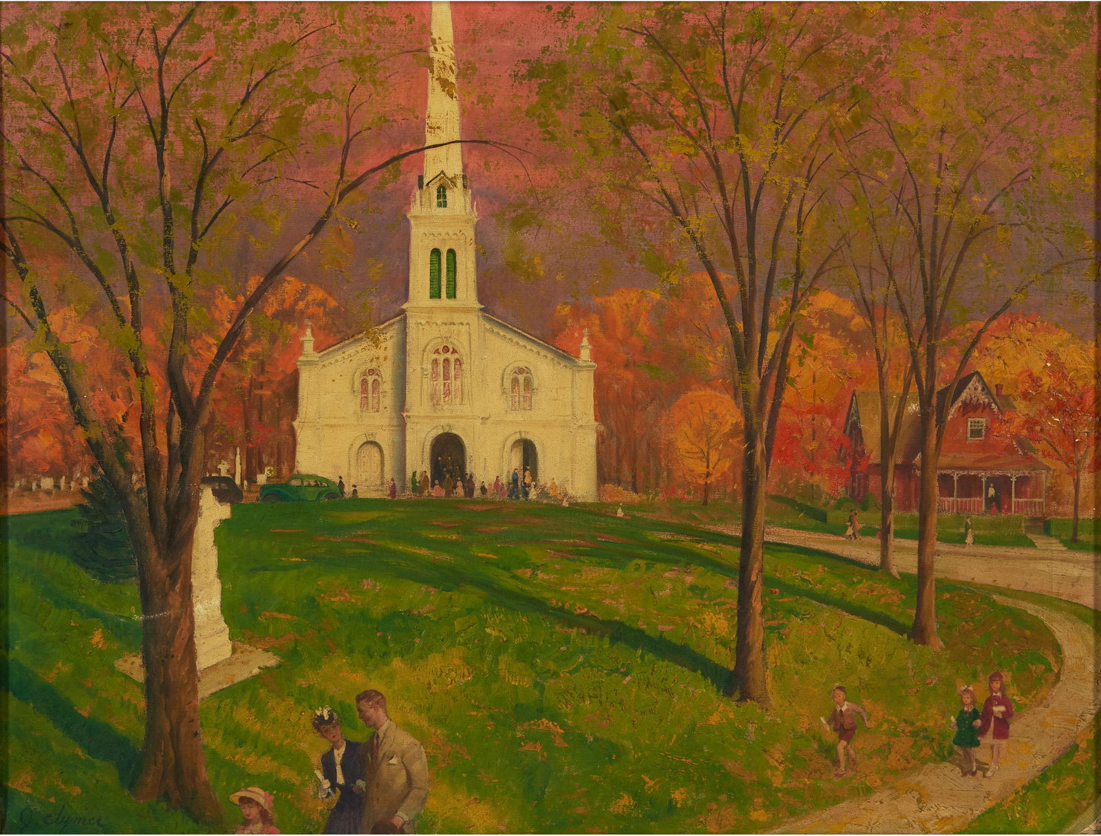 John Ford Clymer (American, 1907-1989) Home from Church on an Autumn Sunday 26 x 34 in. (66.2 x ...: John Ford Clymer (American, 1907-1989) Home from Church on an Autumn Sunday signed 'J. Clymer' (lower left) oil on canvas 26 x 34 in. (66.2 x 86.5 cm) framed 27 x 35 in. Footnotes: N.B. John Ford