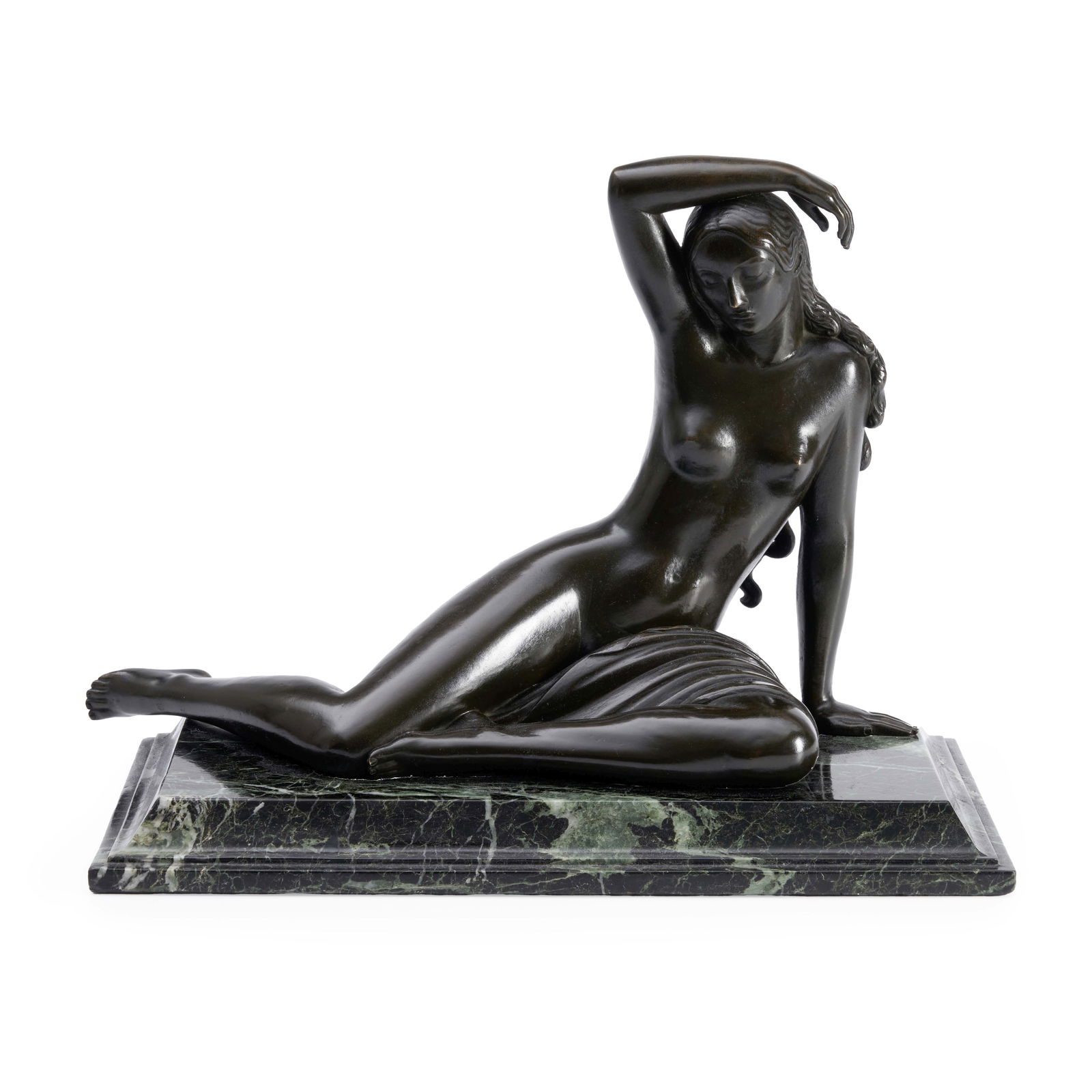 Paul Howard Manship (American, 1885-1966) Danae 11 3/4 x 17 1/4 x 7 in.: Paul Howard Manship (American, 1885-1966) Danae incised signature and date 'PAUL MANSHIP 1921©' (near the back lower edge, on the drape) bronze with a dark brown patina on a marble plinth 11 3/4