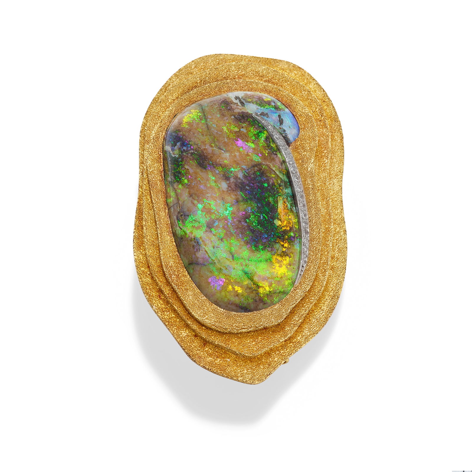 GRIMA: BOULDER OPAL AND DIAMOND BROOCH/PENDANT, 1971: GRIMA: BOULDER OPAL AND DIAMOND BROOCH/PENDANT, 1971 The boulder opal within a concentric tiered surround of sandblasted 18 carat gold, with single-cut diamond accent, mounted in 18 carat gold, signed