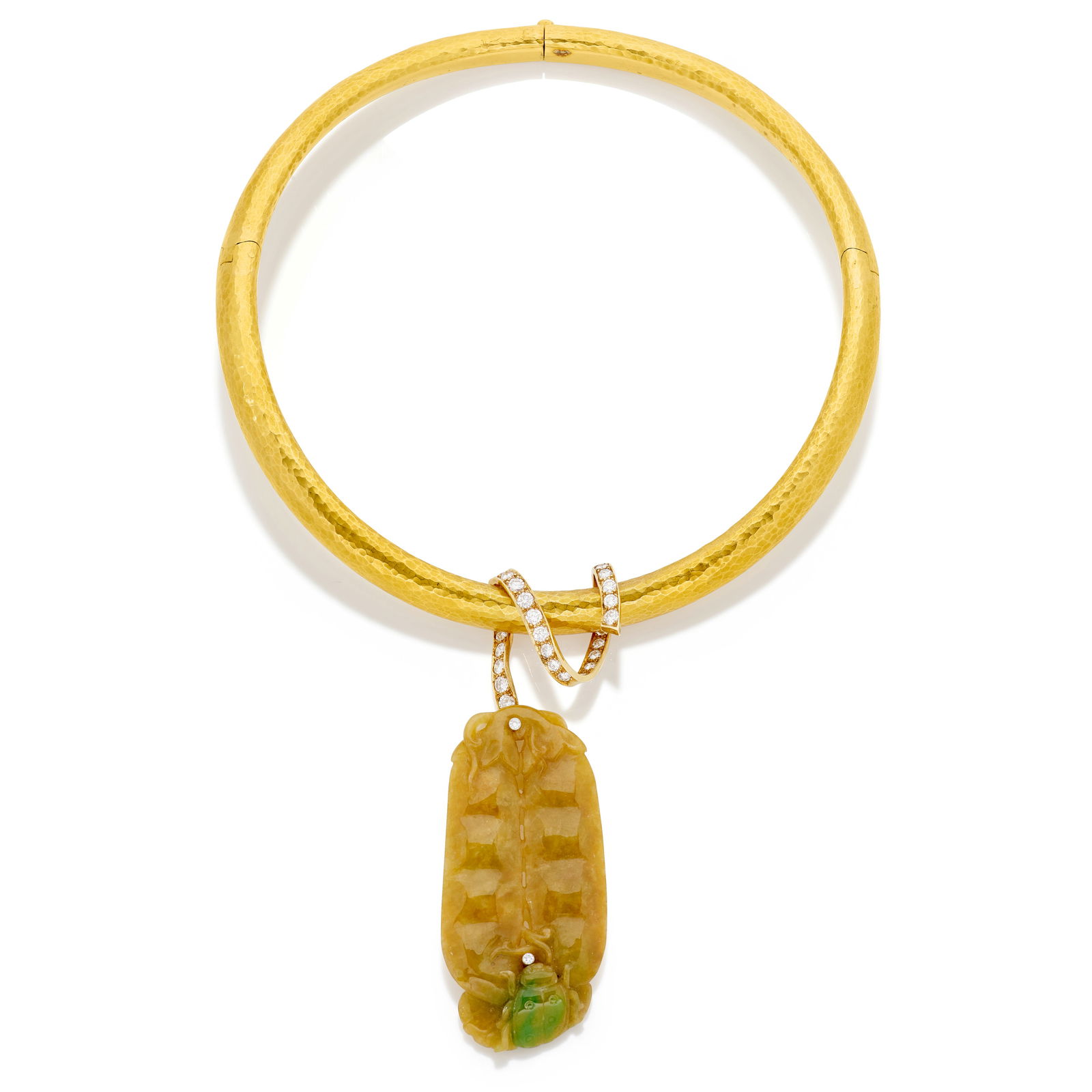 GRIMA: DIAMOND-SET JADE 'PEA POD' PENDANT/TORQUE, 1991: GRIMA: DIAMOND-SET JADE 'PEA POD' PENDANT/TORQUE, 1991 The jade carved to depict a ladybug crawling on a pair of pea pods, symbolising prosperity and wealth, accented by two brilliant-cut diamonds and