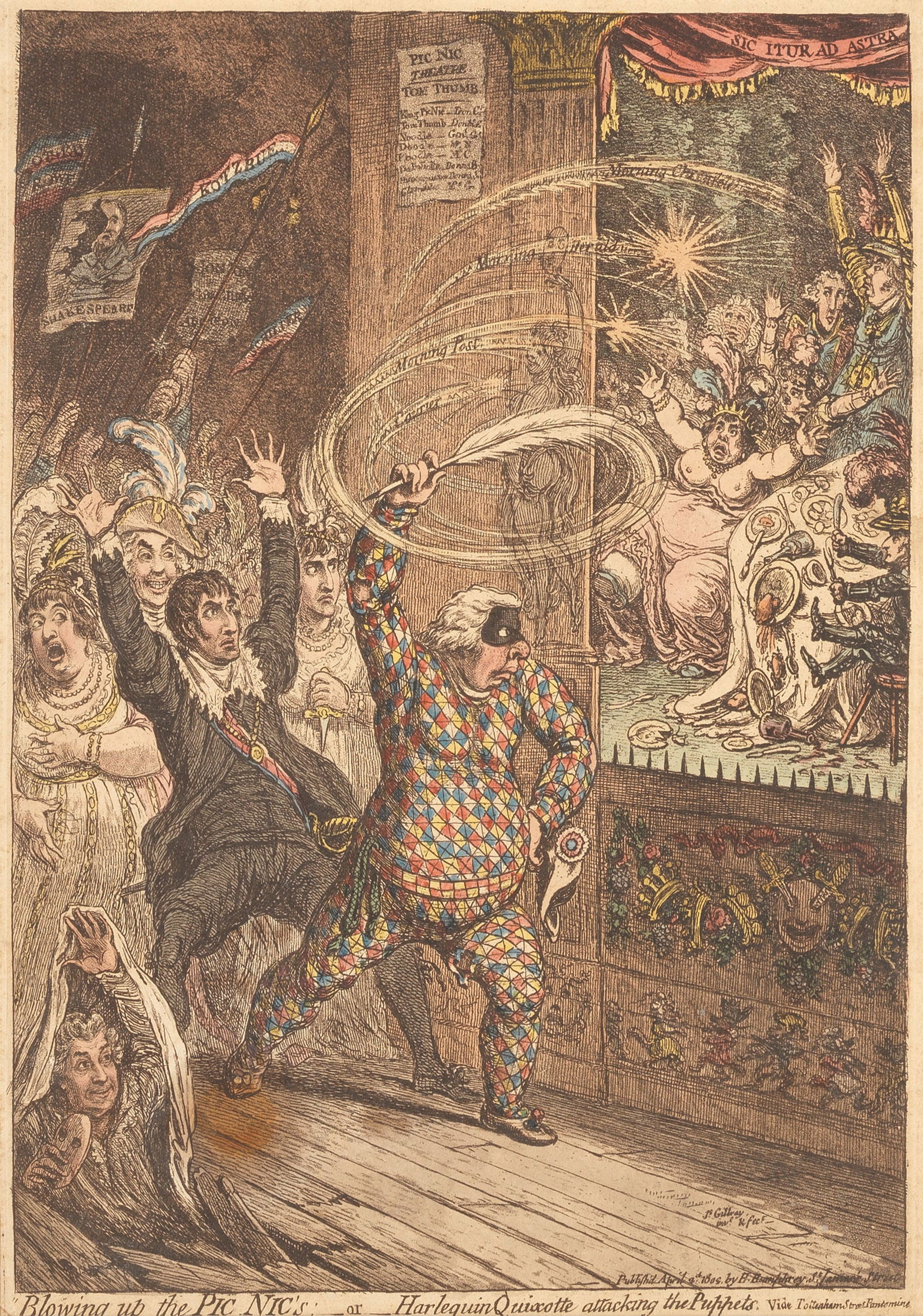 James Gillray (British, 1756-1815) Blowing up the Pic Nic's; -or- Harlequin Quixotte attacking t...: James Gillray (British, 1756-1815) Blowing up the Pic Nic's; -or- Harlequin Quixotte attacking the puppets. Vide Tottenham Street pantomine (BM 9916) Etching with aquatint and hand-colouring, 2nd Apri