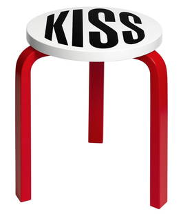 Barbara Kruger (American, born 1945) Untitled (Kiss) Screenprint in black, 2019, on Artek Stool ...: Barbara Kruger (American, born 1945)Untitled (Kiss) Screenprint in black, 2019, on Artek Stool 60 designed by Alvar Aalto, from the edition of 300, with the artist's ink stamp in red on the packing,