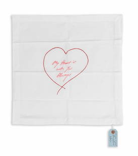 Tracey Emin (British, born 1963) My Heart Is With You Always - Napkin (Pink and Red) Embroidered...: Tracey Emin (British, born 1963) My Heart Is With You Always - Napkin (Pink and Red) Embroidered linen handkerchief, 2014, signed and inscribed 'With you in mind' in ink on attached tag, from the edit