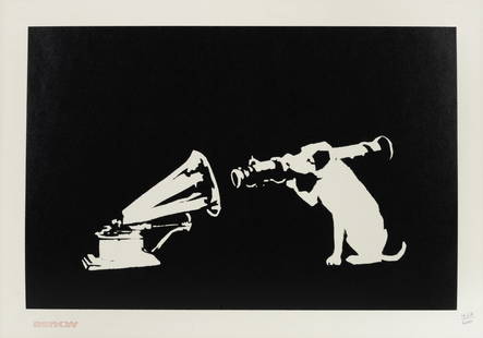 Banksy (British, born 1974) HMV Screenprint, 2003, on wove paper, numbered 427/600 in pencil, pu...: Banksy (British, born 1974) HMV Screenprint, 2003, on wove paper, numbered 427/600 in pencil, published by Pictures on Walls, London, with their blindstamp, with full margins, framed Sheet 351 x 499mm