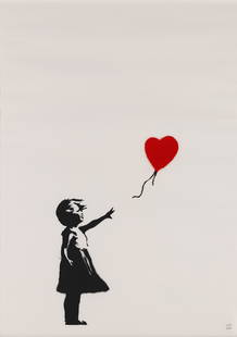 Banksy (British, born 1974) Girl with Balloon Screenprint in colours, 2004, on wove paper, numb...: Banksy (British, born 1974) Girl with Balloon Screenprint in colours, 2004, on wove paper, numbered 233/600 in pencil, published by Pictures on Walls, London, with their blindstamp, the full sheet, fr