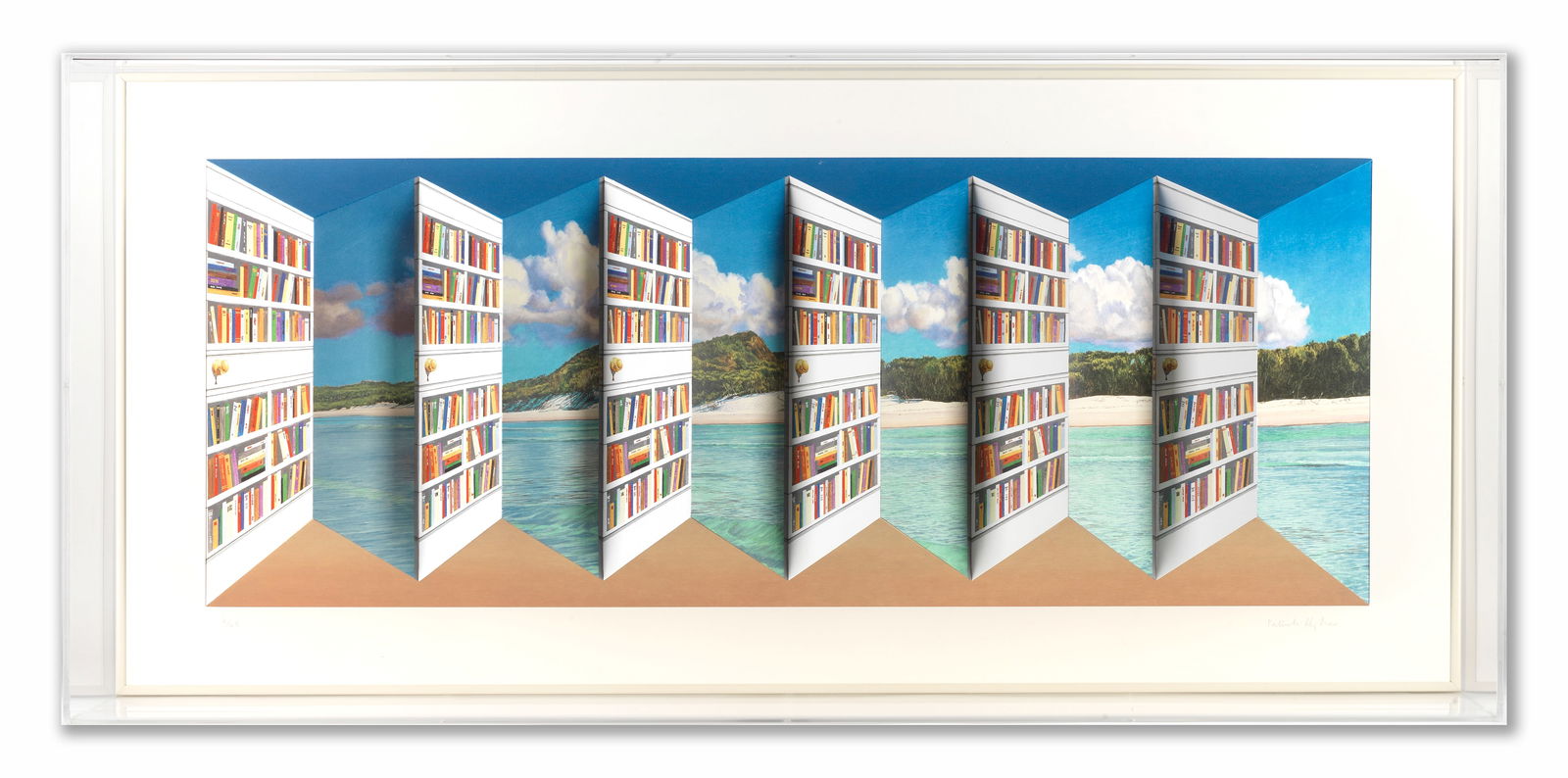 Patrick Hughes (British, born 1939) Library Doors 3D lithographic multiple with hand-colouring, ...: Patrick Hughes (British, born 1939) Library Doors 3D lithographic multiple with hand-colouring, 2004, on wove paper, signed and numbered 6/45 in pencil, published by Flowers Gallery, London, housed wi