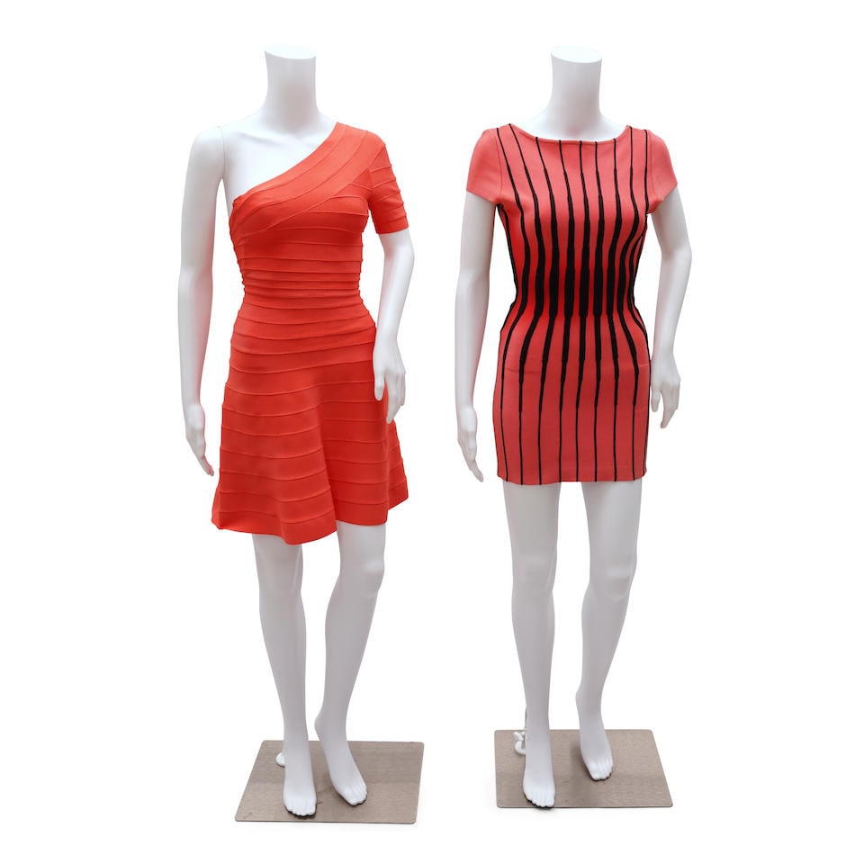 Two Herve Leger Spandex Mini Dresses: Two Herve Leger Spandex Mini Dresses A coral one-shoulder dress with flared skirt; a salmon and black striped dress with short sleeves and an open back; sizes XXS and XS. For further information on th