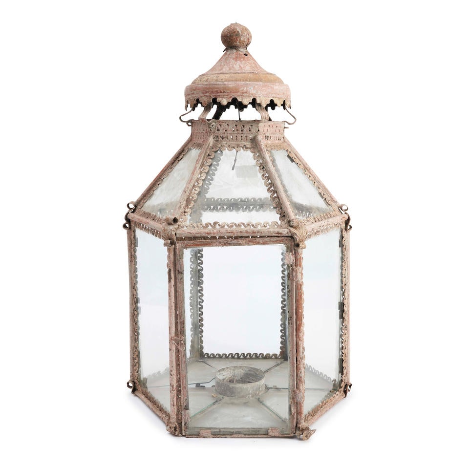 Large French Painted Hexagonal Glass and Metal Lantern (1 of 1)