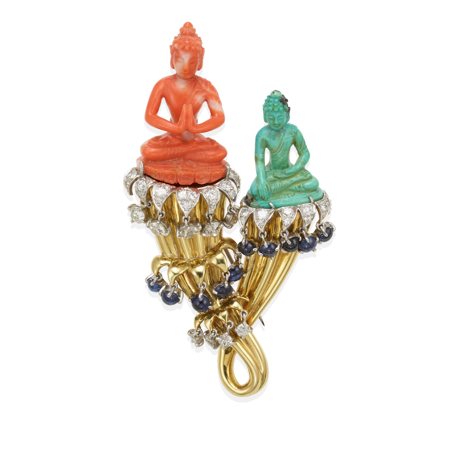 AN 18K GOLD, PLATINUM, DIAMOND AND GEM-SET CLIP BROOCH (1 of 2)