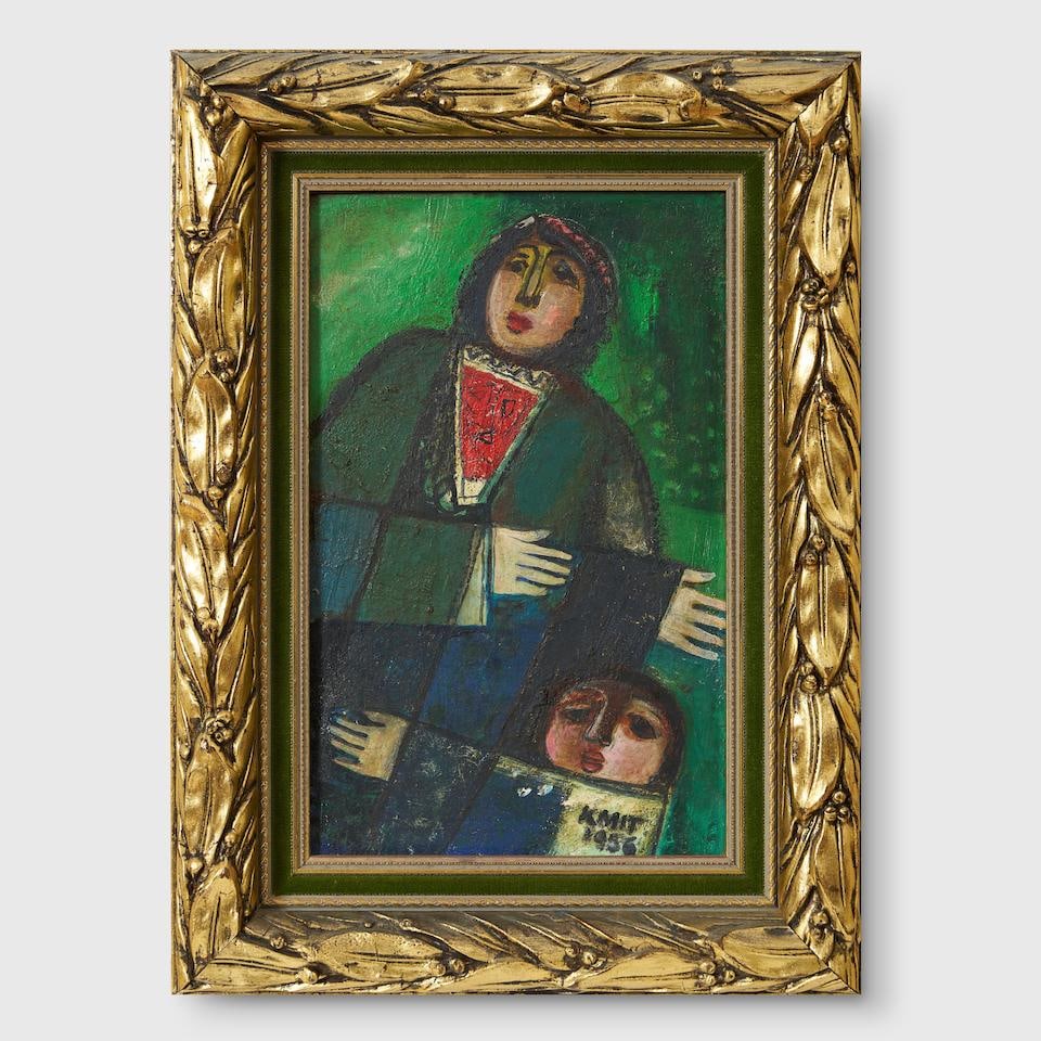 Michael Kmit (Russian/Australian, 1910-1981) Totem, 1956: Michael Kmit (Russian/Australian, 1910-1981) Totem, 1956 signed and dated lower right: 'KMIT / 1956' signed, dated and titled verso: 'MICHAEL/KMIT/1956/TOTEM' oil on board 27.0 x 17.0cm (10 5/8 x 6 11