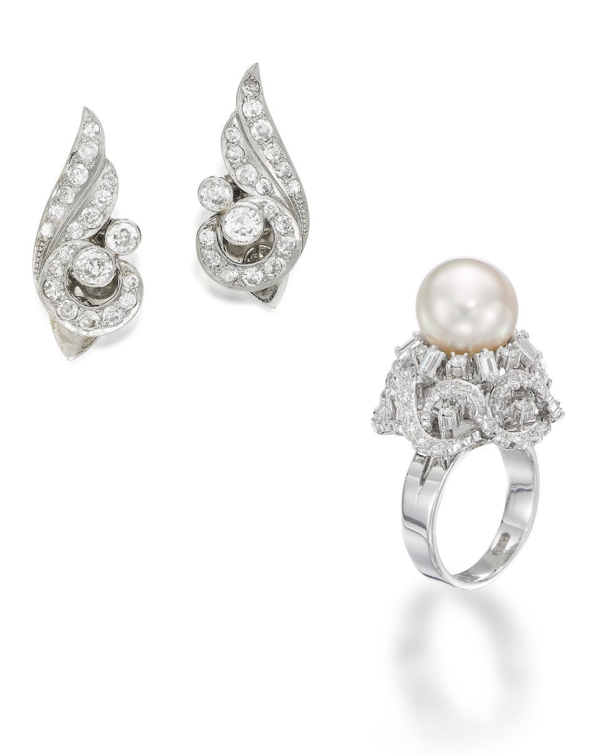 CULTURED PEARL AND DIAMOND RING, AND PAIR OF DIAMOND EARRINGS (2) (1 of 2)