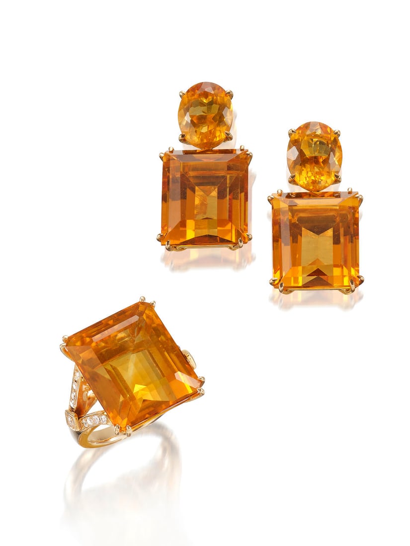 CITRINE AND DIAMOND RING AND EARRING SET (2) (1 of 2)