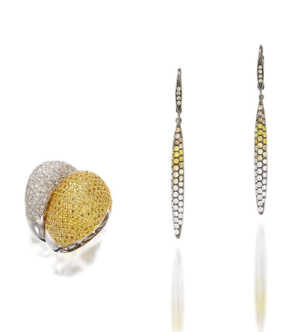 TWO DIAMOND AND COLOURED DIAMOND RINGS, AND PAIR OF COLOURED DIAMOND AND DIAMOND EARRINGS (3): TWO DIAMOND AND COLOURED DIAMOND RINGS, AND PAIR OF COLOURED DIAMOND AND DIAMOND EARRINGS Comprising: two stackable rings of abstract form, each set with round brilliant-cut diamonds or diamonds of ye