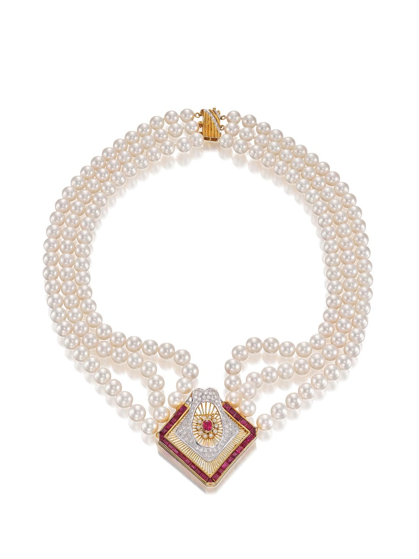 CULTURED PEARL, RUBY AND DIAMOND NECKLACE (1 of 1)