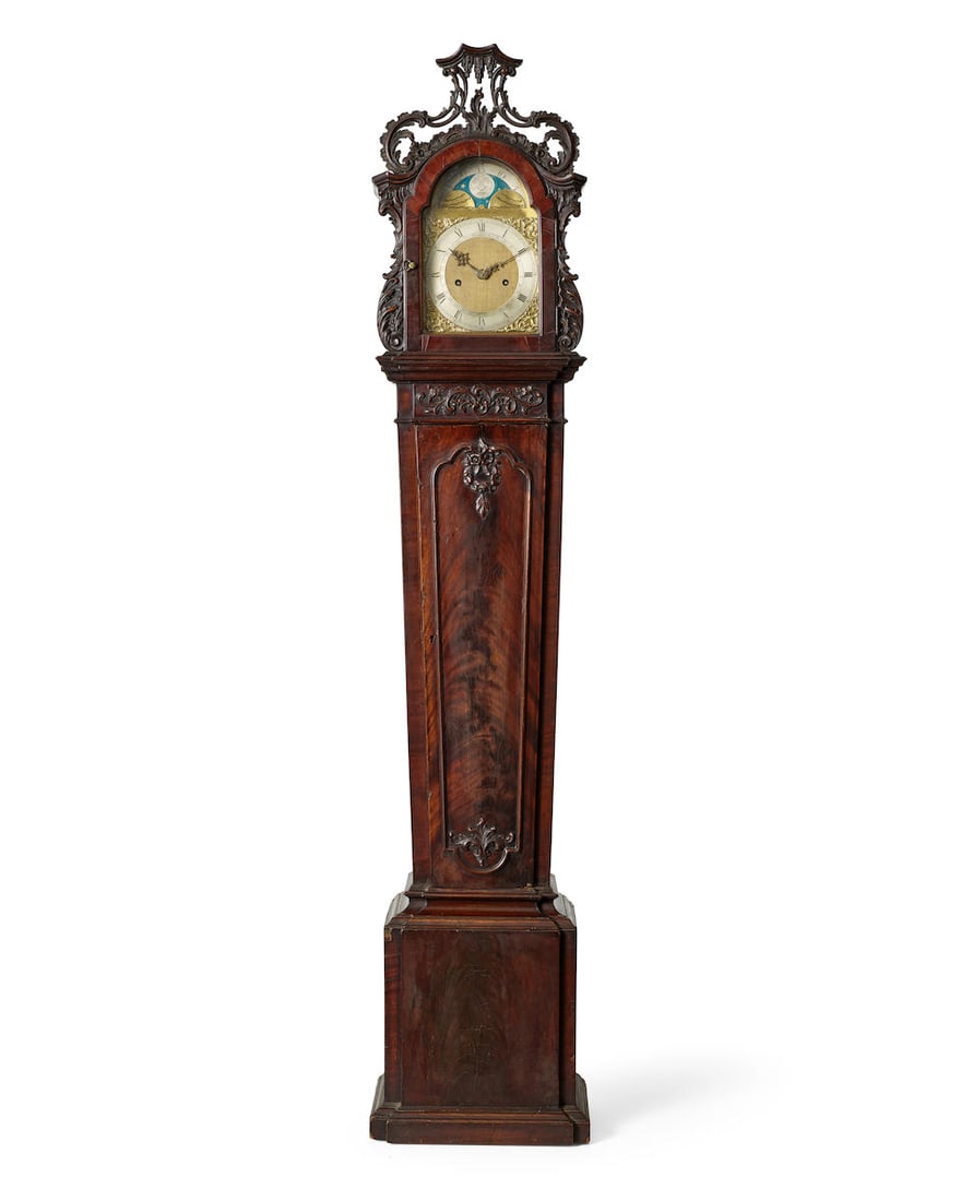 A CARVED MAHOGANY MINIATURE LONG CASE CLOCKBearing the signature 'John Holmes, London', probably... (1 of 2)