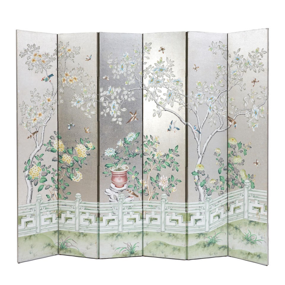 Six Panel Decorative Silvered Wallpaper Screen, late 20th century, (1 of 1)