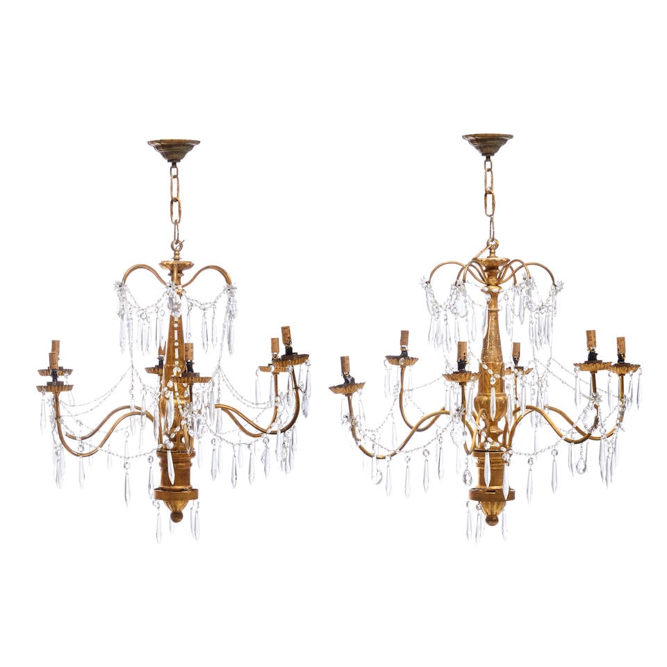 Pair of Giltwood Six-light Chandeliers, 19th/20th century,: Pair of Giltwood Six-light Chandeliers, 19th/20th century, scrolled arms supporting prism festoons with faceted drops, approx. ht. 24 1/4, dia. 26 in. For further information on this lot please visit 