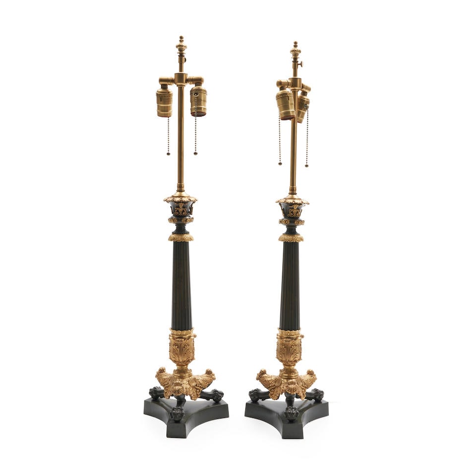 Pair of French Empire Gilt and Patinated Bronze Table Lamps, 19th century, (1 of 1)